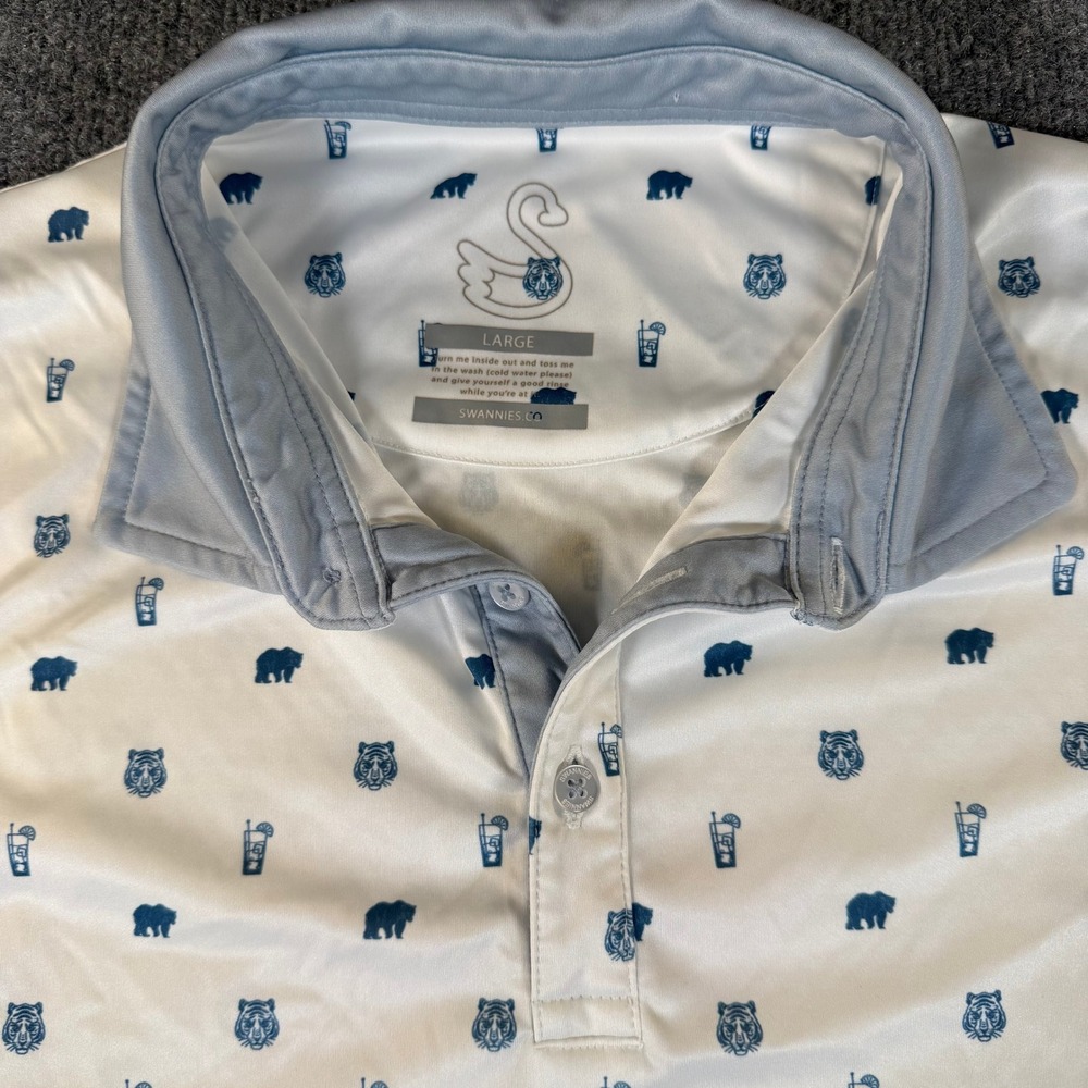 Swannies Mens Golf Polo Shirt Large White Blue Bear Tiger Cocktail Print 3334